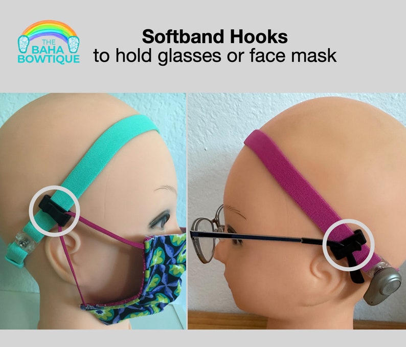 Softband Hooks sold as a pair. Use to hold Glasses or face mask. Attach Hooks to Custom Softband or Softband from hearing aid company. image 3