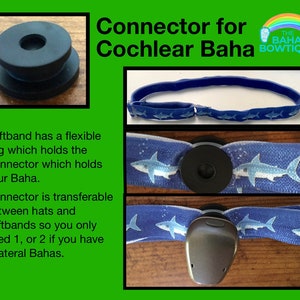 Connecteur pour appareil auditif pour bandeau personnalisé vendu séparément ou bonnet DIY. Choisissez un connecteur pour Cochlear Baha, Oticon Ponto ou MedEl AdHear. Cochlear Baha