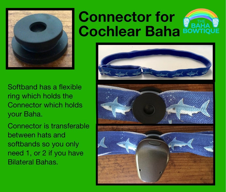 Connecteur pour appareil auditif pour bandeau personnalisé vendu séparément ou bonnet DIY. Choisissez un connecteur pour Cochlear Baha, Oticon Ponto ou MedEl AdHear. Cochlear Baha