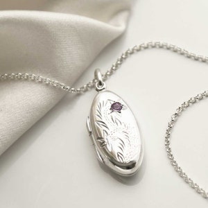 Sterling Silver Oval Locket Necklace with Amethyst