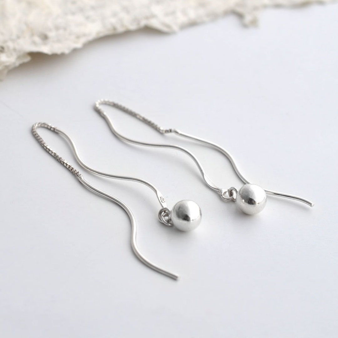 Sterling Silver Wave and Ball Threader Earrings - Etsy UK
