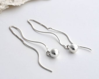 Sterling Silver Wave And Ball Threader Earrings