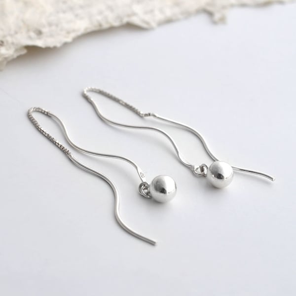 Sterling Silver Wave And Ball Threader Earrings
