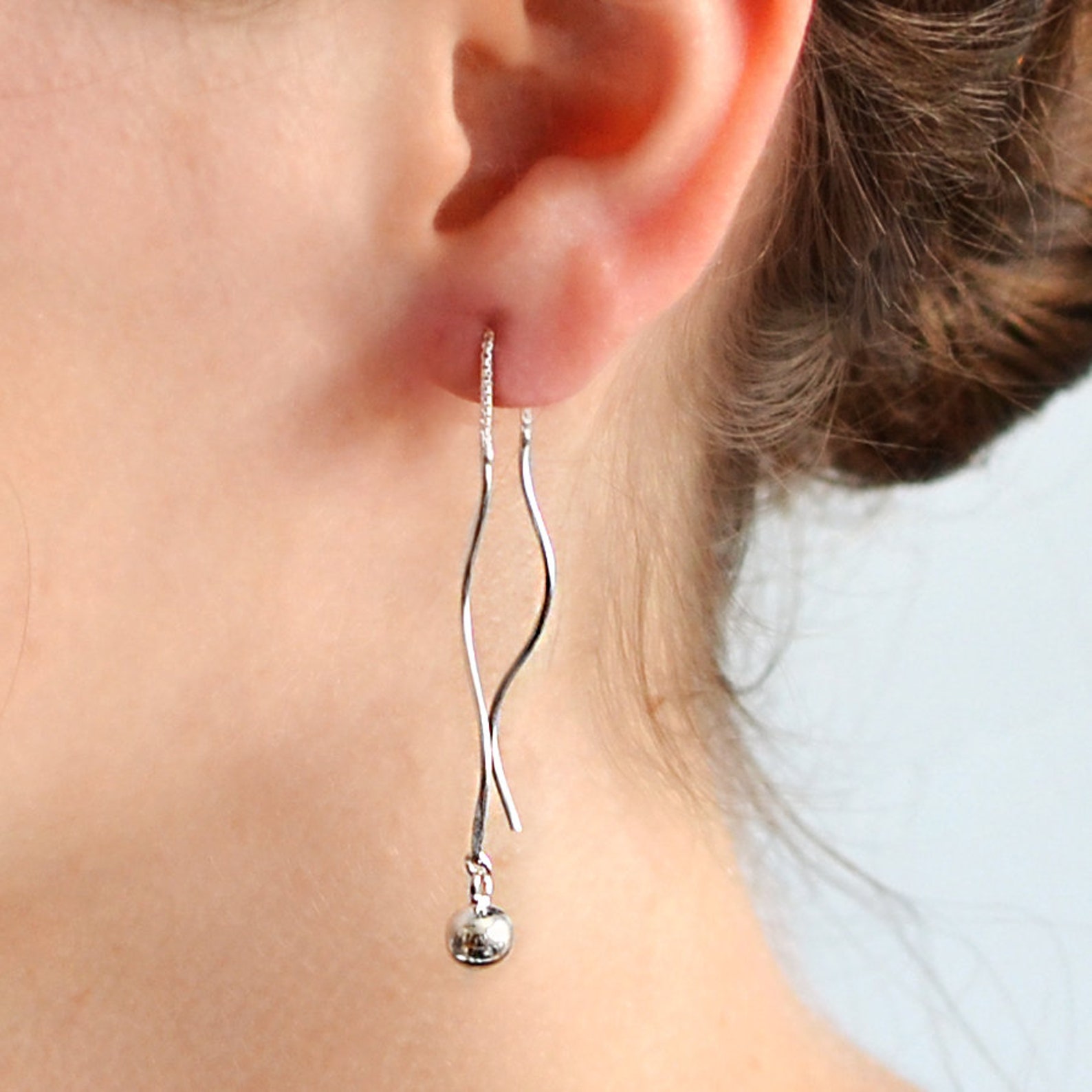 Sterling Silver Wave and Ball Threader Earrings - Etsy UK