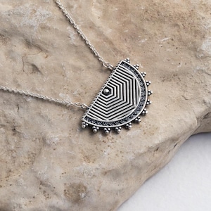 Sterling Silver Geometric Half Moon Necklace