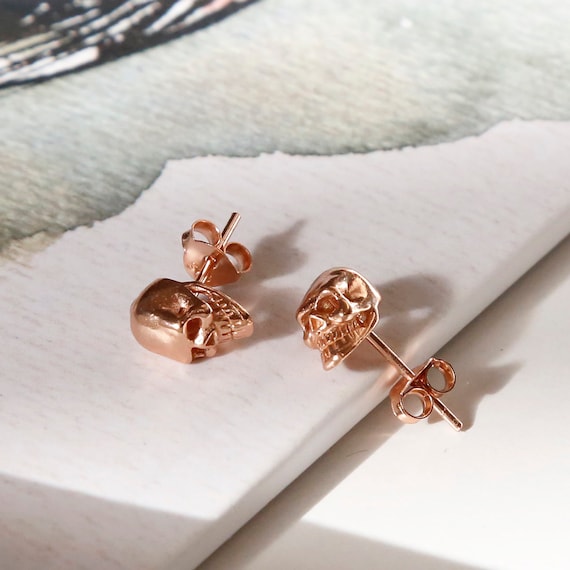 Sterling Silver Rose Gold Plated Mini Skull Stud Earrings
