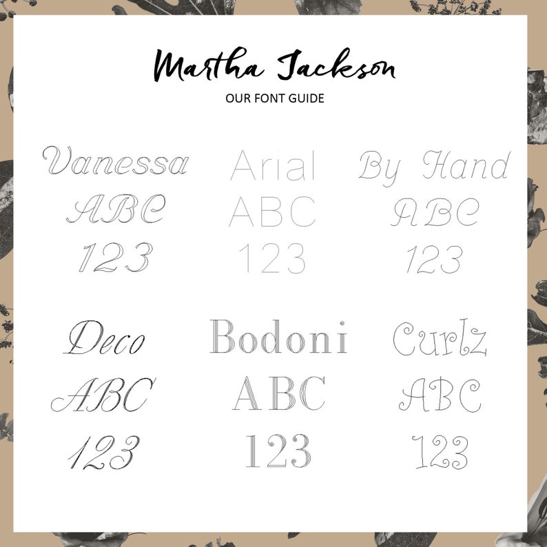 May include: A font guide by Martha Jackson, featuring various font styles. The guide displays the fonts Vanessa, Arial, By Hand, Deco, Bodoni, and Curlz, each showcasing the alphabet and numbers 123 in a sample. The text "OUR FONT GUIDE" is also present.