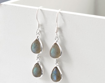 Sterling Silver Double Labradorite Dangly Teardrops