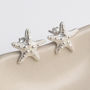 May include: A pair of silver starfish stud earrings. Each earring is a detailed starfish shape with small, textured bumps across the surface. The earrings are displayed on a neutral-toned surface, highlighting their metallic shine.