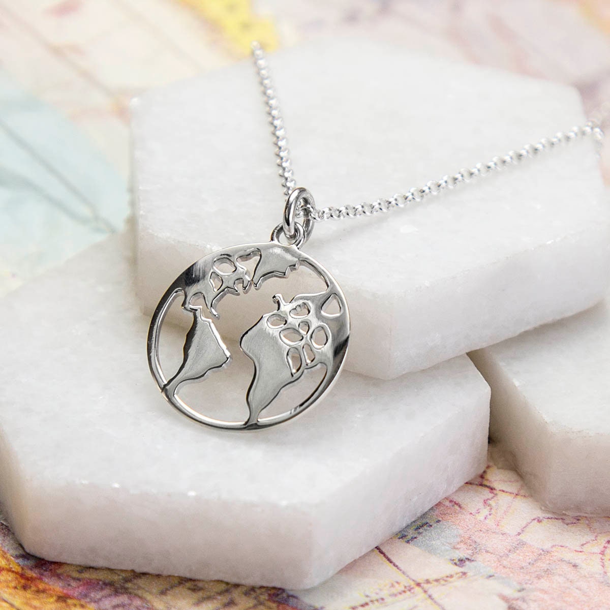 Sterling Silver Planet Earth Necklace • 925 Silver World Map