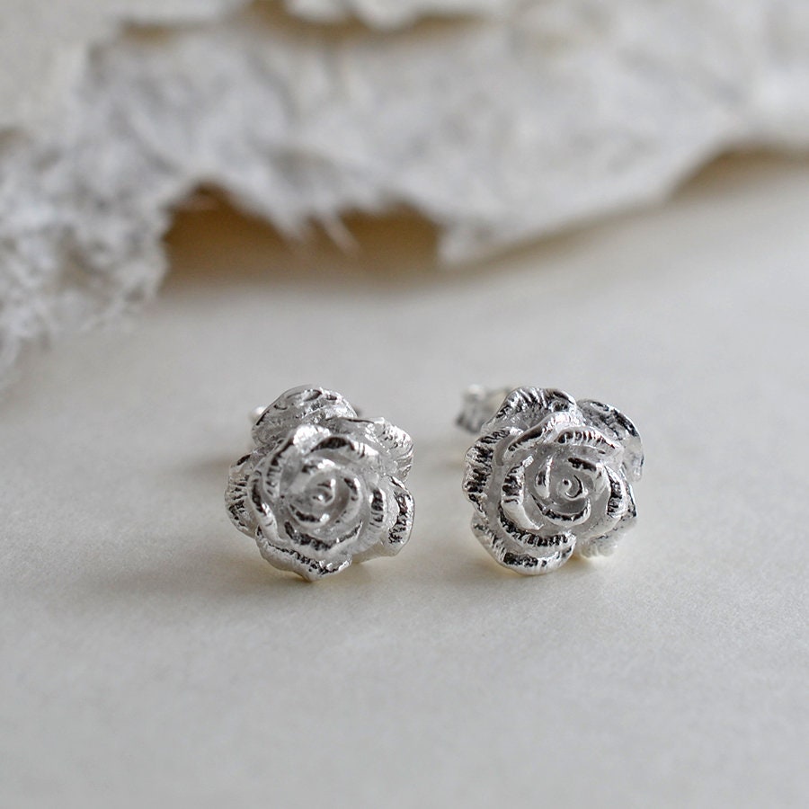 Sterling Silver Classic Rose Stud Earrings Etsy