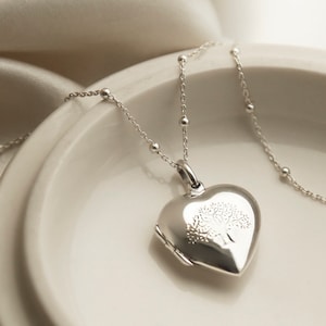 Può includere: Un ciondolo a forma di cuore in argento lucido con un disegno di albero inciso sulla parte anteriore. Il medaglione pende da una delicata catenina d'argento che presenta piccole perline sferiche distanziate uniformemente lungo la lunghezza.