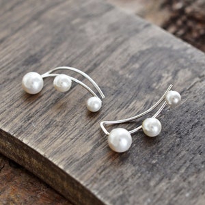 Sterling Silver Three Faux Pearl Ear Climbers image 2