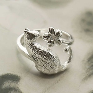 Sterling Silber Katze und Blume verstellbarer Ring Bild 1