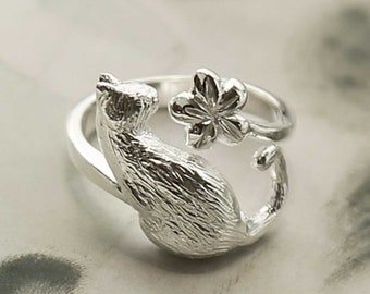 Sterling Silber Katze und Blume verstellbarer Ring