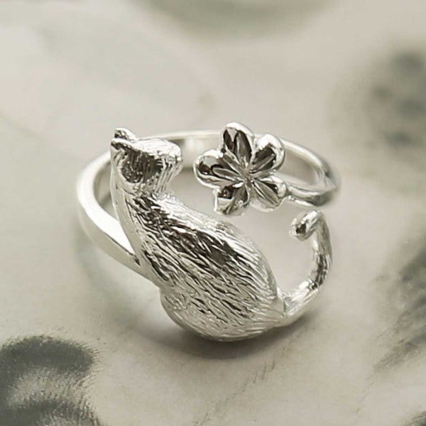 Sterling Silver Cat and Flower Adjustable Ring