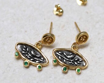 Gold Plated Sterling Silver Hieroglyphics Square Earrings