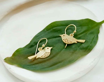 Gold Plated Sterling Silver Little Bird Dangly Earrings