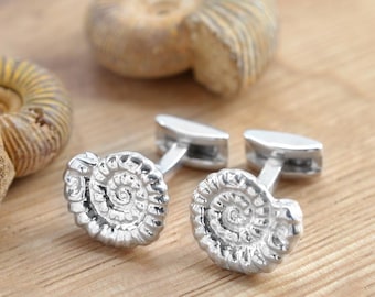 Sterling Silver Ammonite Cufflinks – Fossil Cufflinks – Natural Ammonite Jewellery for Men – Geology Gift – Unique Silver Accessories