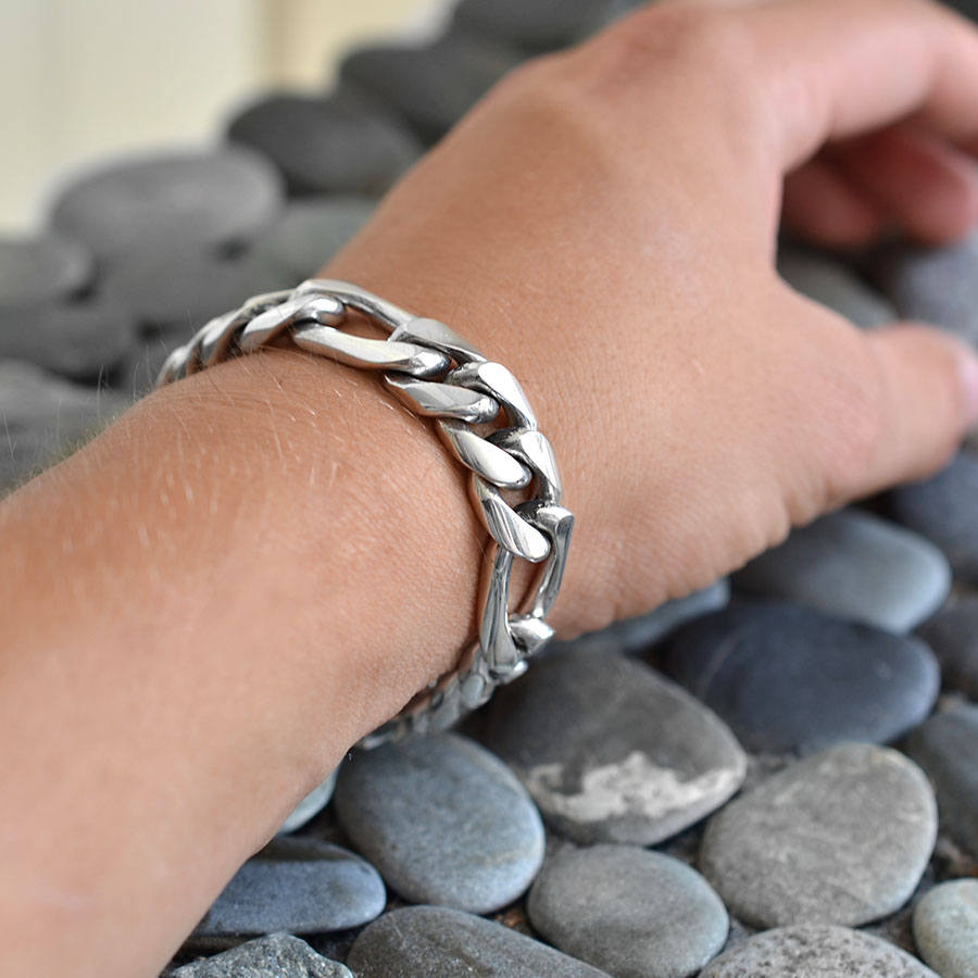 Italy 925 Silver Heavy Thick Figaro Chain Bracelet -18mm