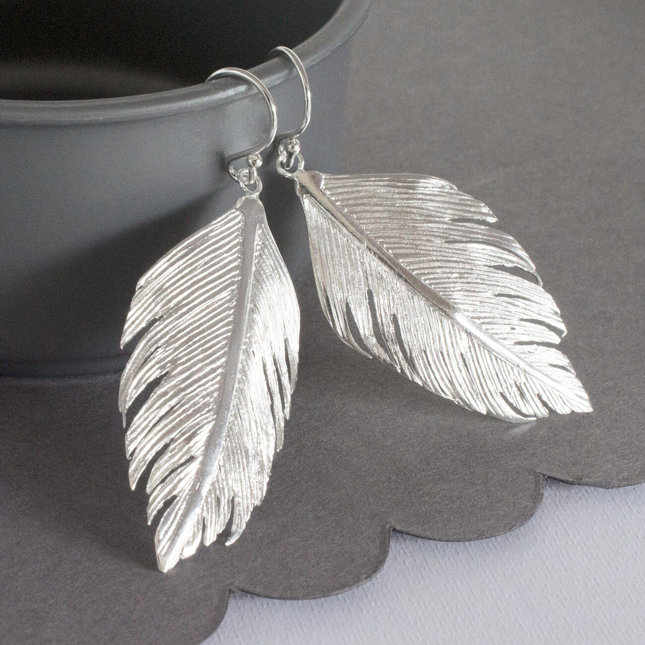 Handmade Tibetan Silver Feather Drop Earrings With 925 Solid Silver Hooks – Made In UK