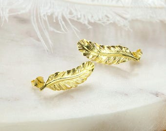 Gold Plated Sterling Silver Feather Stud Earrings – Dainty Feather Earrings – Minimalist Gold Studs – Boho Nature Jewellery Gift for Her