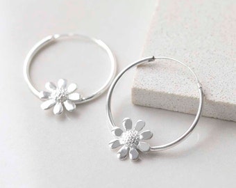 Sterling Silver Daisy Hoop Earrings