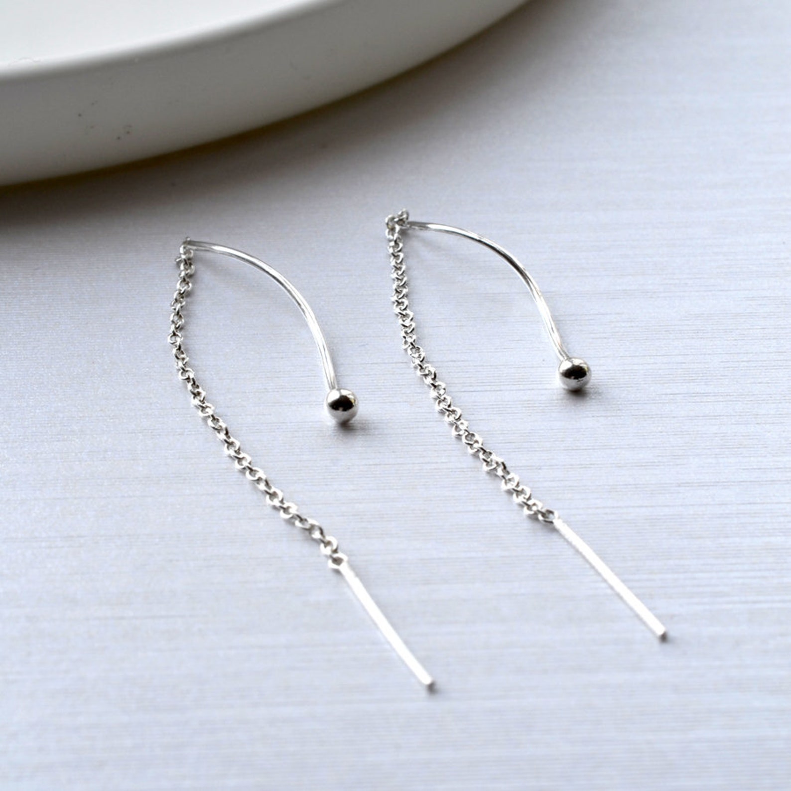 Sterling Silver Wave Threader Chain Earrings - Etsy UK