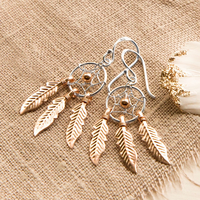 Sterling Silver and Rose Gold Dangly Dream Catcher Earrings Etsy