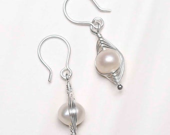 Sterling Silver Pearl Wire Dangly Earrings