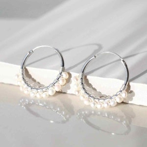 Sterling Silver Pearl Bead Hoop Earrings image 1