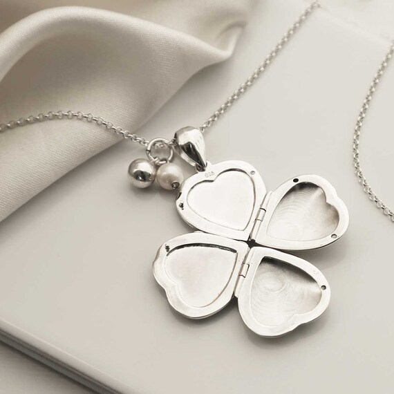 Women's 925 Sterling Silver Photo Locket Necklace - Heart Shape With Four Leaf Clover Design