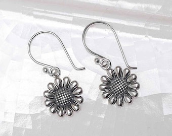 Sterling Silver Oxidised Delicate Daisy Dangly Earrings