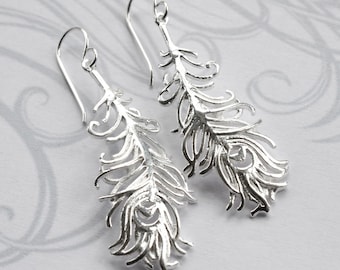 Sterling Silver Dangly Peacock Feather Earrings