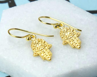 Gold Plated Sterling Silver Fatima Hand Dangly Earrings – Fatima Hand Dangle Earrings – Boho Protection Jewellery – Spiritual Gift for Her
