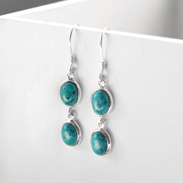 Sterling Silver Double Turquoise Dangly Oval Earrings