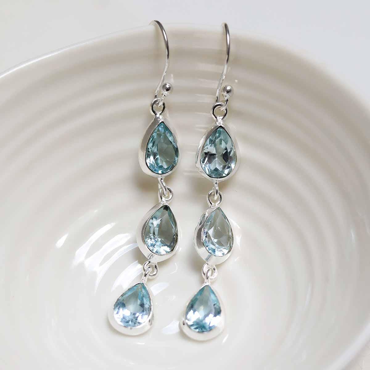 Boucles D'oreilles Pendantes Argent Sterling Et Topaze Bleue/blanche - 3 Carats, Silverspeck