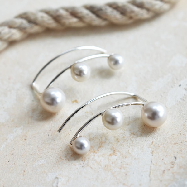 Sterling Silver Three Faux Pearl Ear Climbers