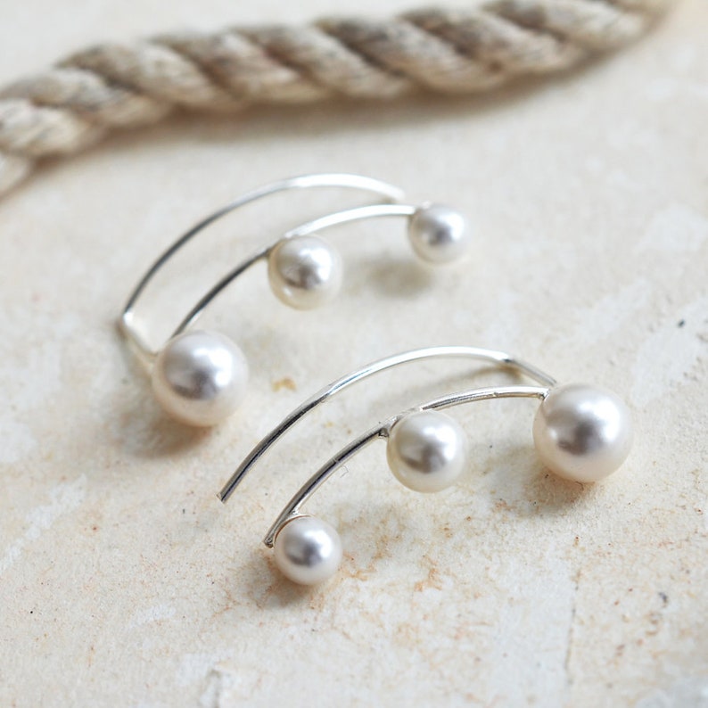 Sterling Silver Three Faux Pearl Ear Climbers image 1
