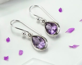 Sterling Silver Dangly Amethyst Teardrop Earrings