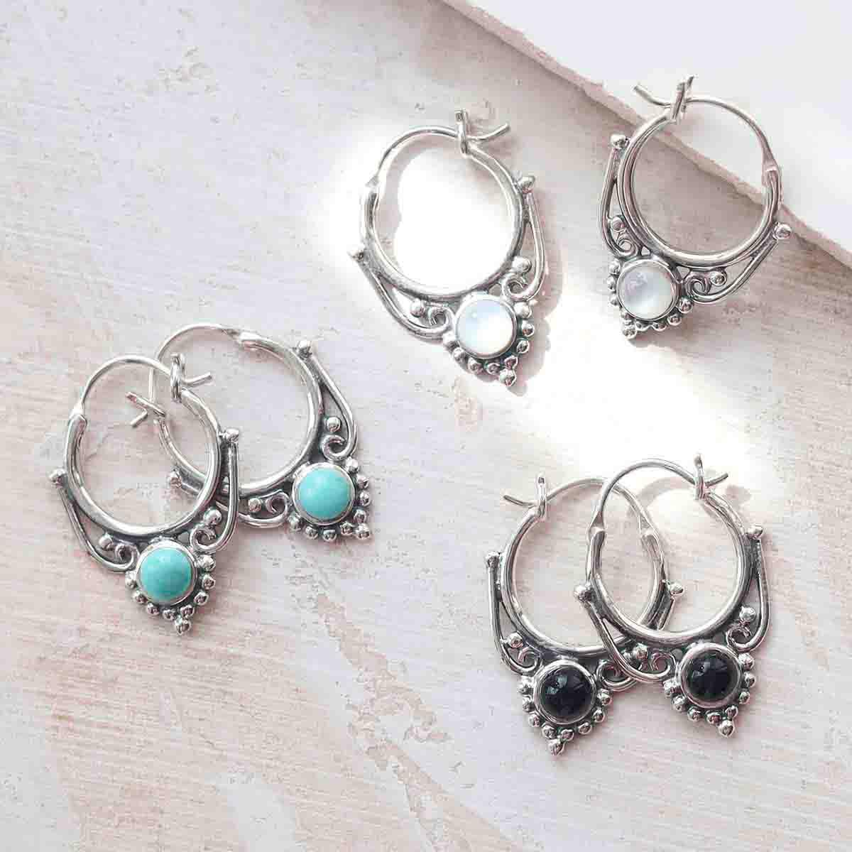 Sterling Silver Gemstone Drop Hoop Earrings - Etsy