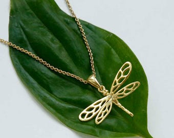 Gold Plated Sterling Silver Dragonfly Necklace – Nature Inspired Jewellery Gift for Her – Delicate Gold Plated Dragonfly Charm Necklace