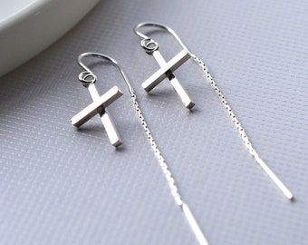 Sterling Silver Cross Threader Earrings