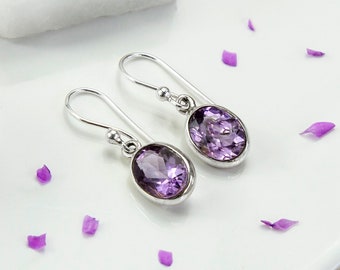 Sterling Silver Dangly Amethyst Oval Earrings