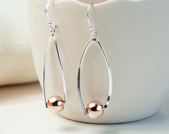 Sterling Silver Rose Gold Oval Ball Dangly Earrings