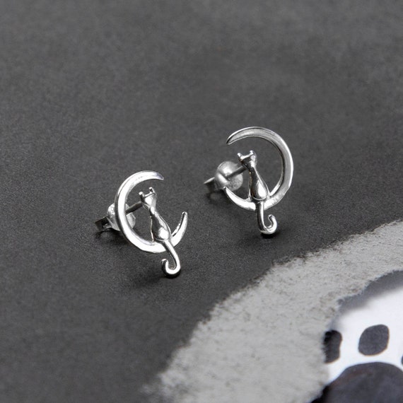 Cat on the Moon Sterling Silver Stud Earrings Cat on the Moon Sterling Silver Stud Earrings