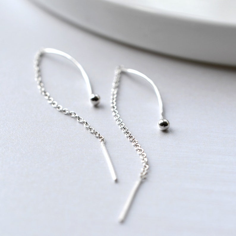 Sterling Silver Wave Threader Chain Earrings Etsy UK