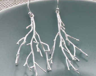 Silver Twig Branch Dangly Earrings