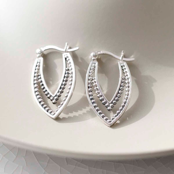 Sterling Silver Beaded Leaf Hoop Earrings