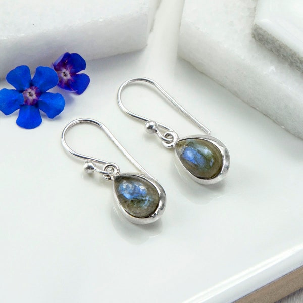 Labradorite Teardrop Dangle Earrings Sterling Silver Gold Plated